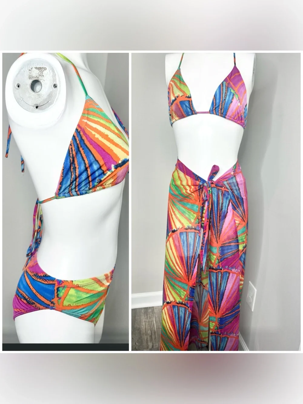 Fashion Nova Multicolor Shell-Print Triangle Bikini Top & Wrap Skirt Set-m